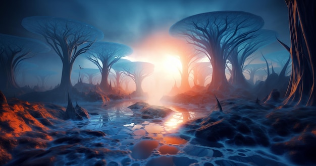 Un misterioso mundo alienígena con una monumental flora azul semejante a un hongo en la suave luz de un sol poniente