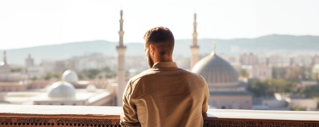 El misterioso Oriente Un hombre con vistas a una bulliciosa ciudad con mezquitas y minaretes