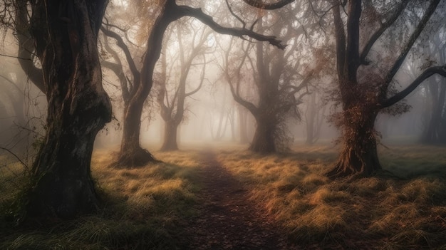 Foto misterioso paisaje de árboles brumoso generado por ia