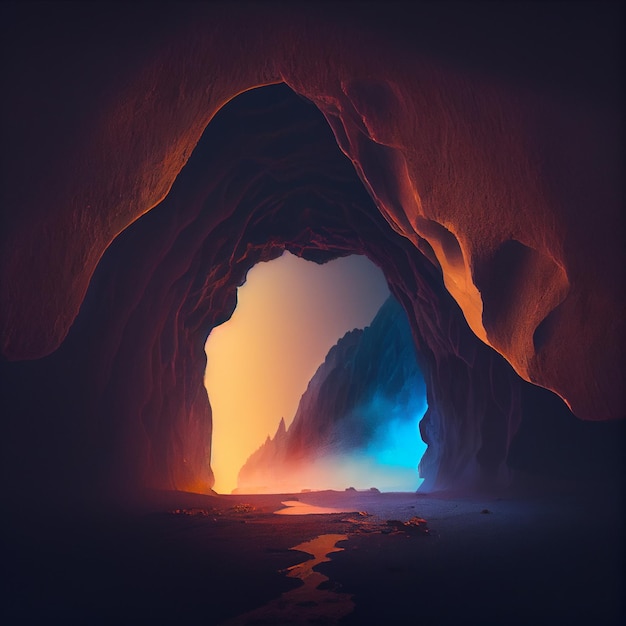 Misterioso paisaje de cuevas oscuras al atardecer o al amanecer IA generativa