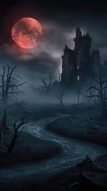 Un misterioso paisaje envuelto en niebla iluminado por una luna de sangre de color rojo profundo