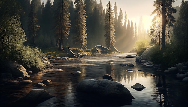 Misterioso paisaje forestal con IA generativa de reflejo de agua tranquila