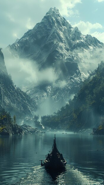 Foto misterioso paisaje nórdico con inspiración vikinga ia generativa
