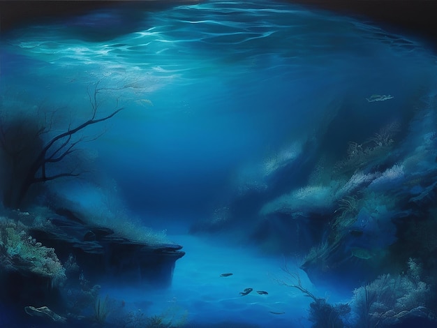 Un misterioso paisaje submarino pintado con acrílico oscuro que ilustra la belleza de la naturaleza