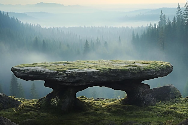 Misterioso puente de piedra en el valle brumoso