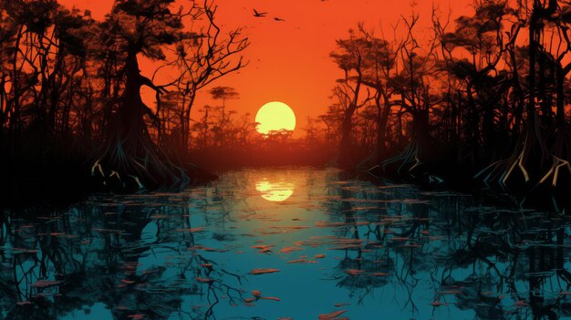 Foto misterioso reflexo do pôr-do-sol na selva em arte conceitual turquesa e vermelha