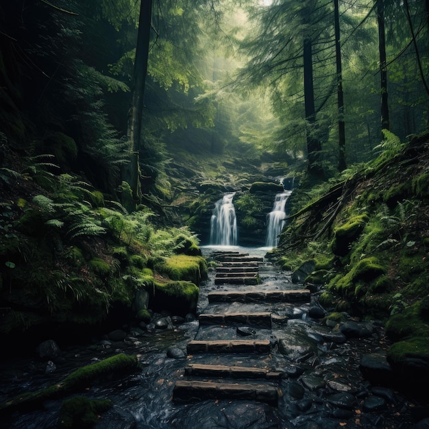 Misterioso sendero forestal que conduce a una cascada escondida