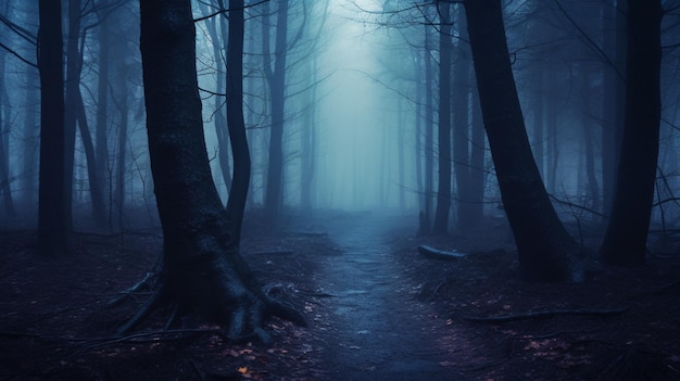 Misterioso sendero forestal de tonos azules Sendero en el oscuro bosque de niebla de otoño AI Generative