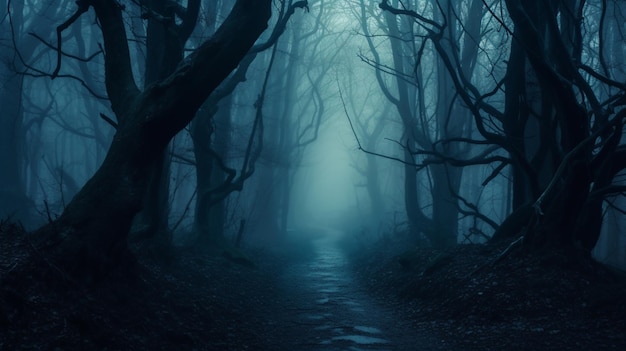 Misterioso sendero forestal de tonos azules Sendero en el oscuro bosque de niebla de otoño AI Generative