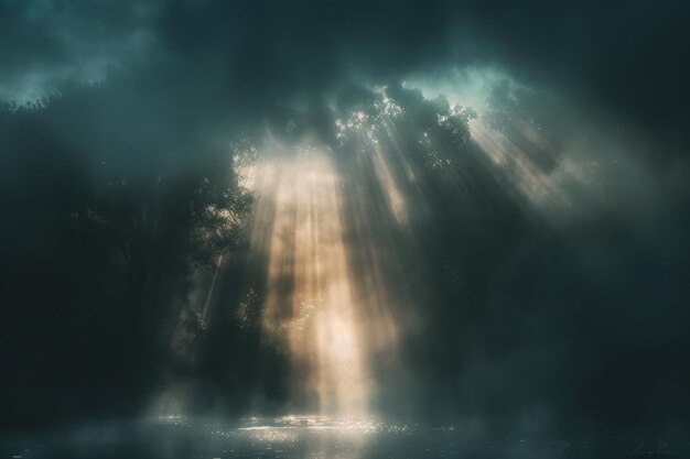Foto misterioso solemne patrones de niebla brumosa iluminados por un haz de luz