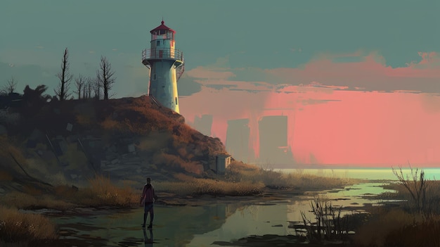 Misterioso The Fly Lighthouse Un paisaje de posesión en el estilo artístico de Simon Stalenhag