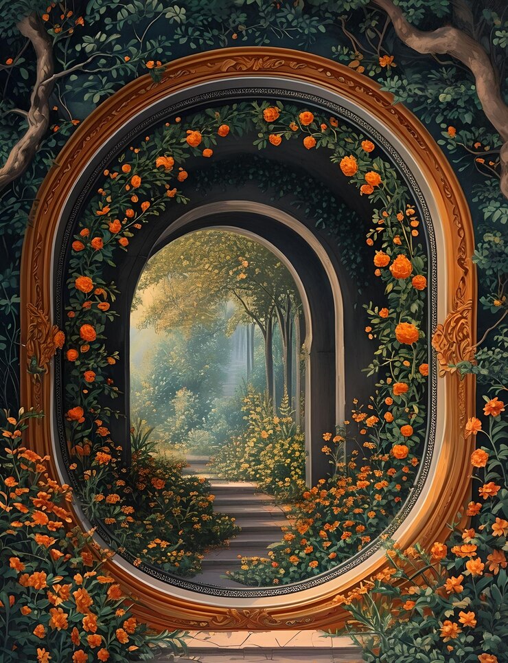 Misterioso túnel naranja en el bosque de fantasía Ilustración artística para fondos de papel tapiz Mejor