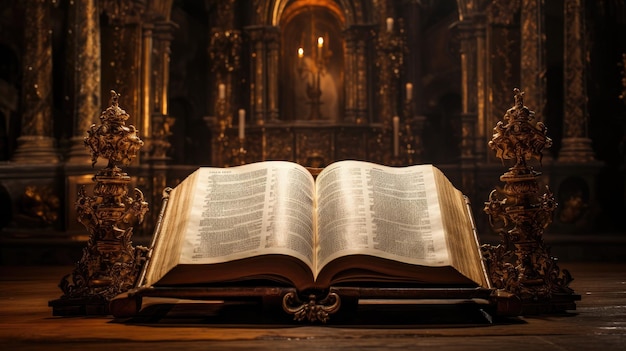 mística de un antiguo libro abierto un Evangelio escrito en lengua rusa antigua