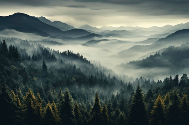 La mística de un bosque de abetos cubierto de niebla se despliega contra un telón de fondo montañoso creando un entorno cautivador.