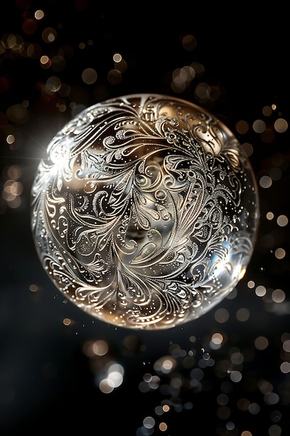 Mística burbuja de plata brillante con grabados ornamentados y fondo de papel tapiz de arte de textura