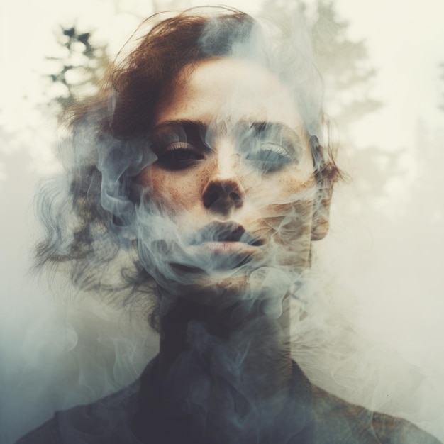 Mística doble exposición mujer en el humo
