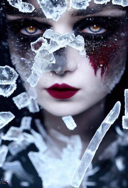 Mística hermosa mujer gótica ficticia en agua helada Trozos de hielo alrededor de la representación 3D de la mujer