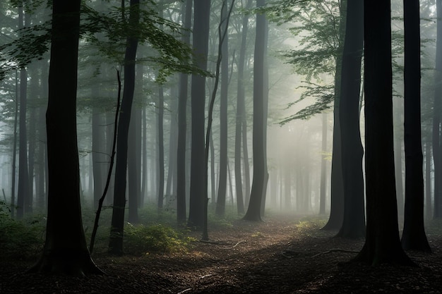 La mística niebla matinal iluminada por el sol sobre el encantador paisaje forestal