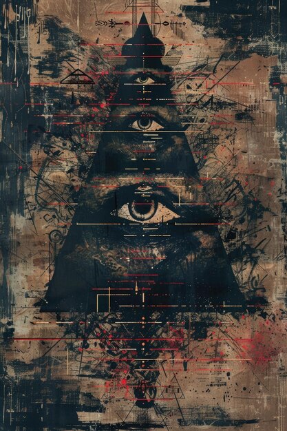 Foto mística pirámide de ojo omnisciente con luna arte grunge abstracto con salpicaduras rojas y negras