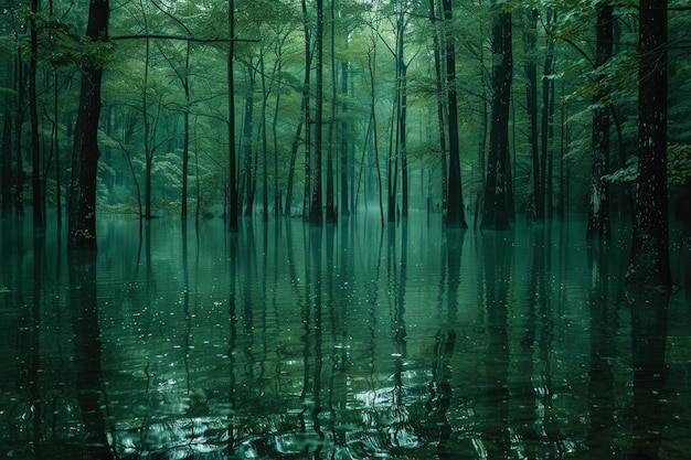 Foto místico bosque inundado con árboles altos que se reflejan en el agua quieta