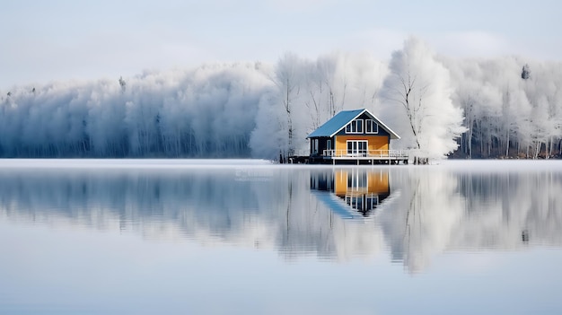 Místico lago de niebla matutina con una casa de madera en primer plano