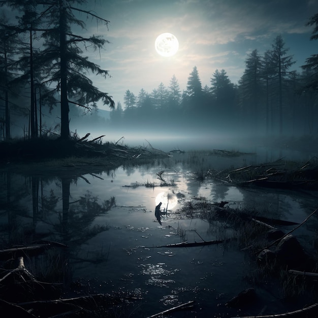 Místico lago oscuro en el bosque por la noche Niebla sobre el pantano
