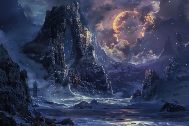 Místico paisaje de montaña nevada con torre y lago bajo la luna de sangre