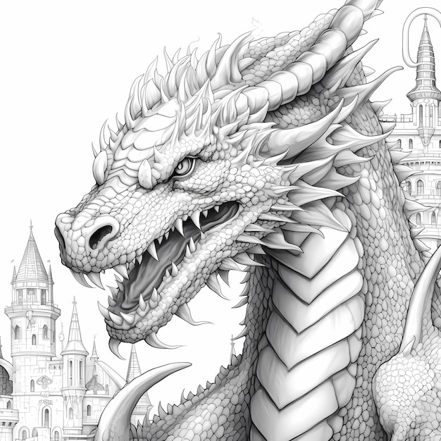 Místico refugio de dragones para adultos libro de colorear con fondo blanco de arte