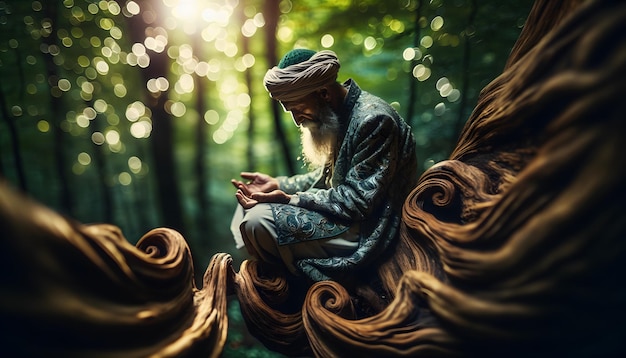 Místico sabio sufí místico meditando en un árbol con elementos futuristas