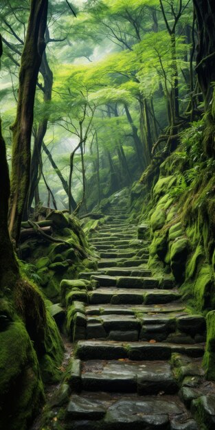 Místicos escalones de piedra en un bosque de inspiración japonesa con vistas a las montañas