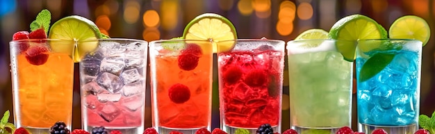 Mistura bebidas coloridas com frutas frescas tropicais e banner de gelo feito com Generative AI