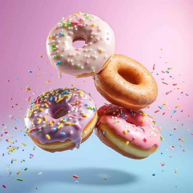 mistura de cena de rosquinhas voadoras de rosquinhas doces multicoloridas com granulado em fundo azul