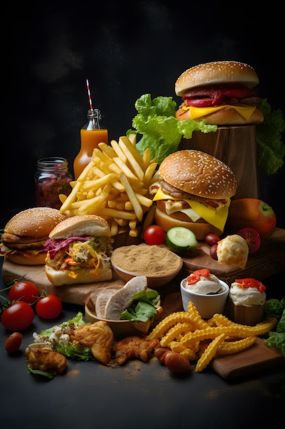 Foto mistura de fast food em um fundo escuro comida lixo saborosa comida arte bandeira ai gerativa