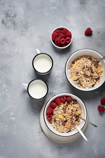 Mistura de granola saudável com rasberry e leite em um fundo cinza, vista de cima para baixo