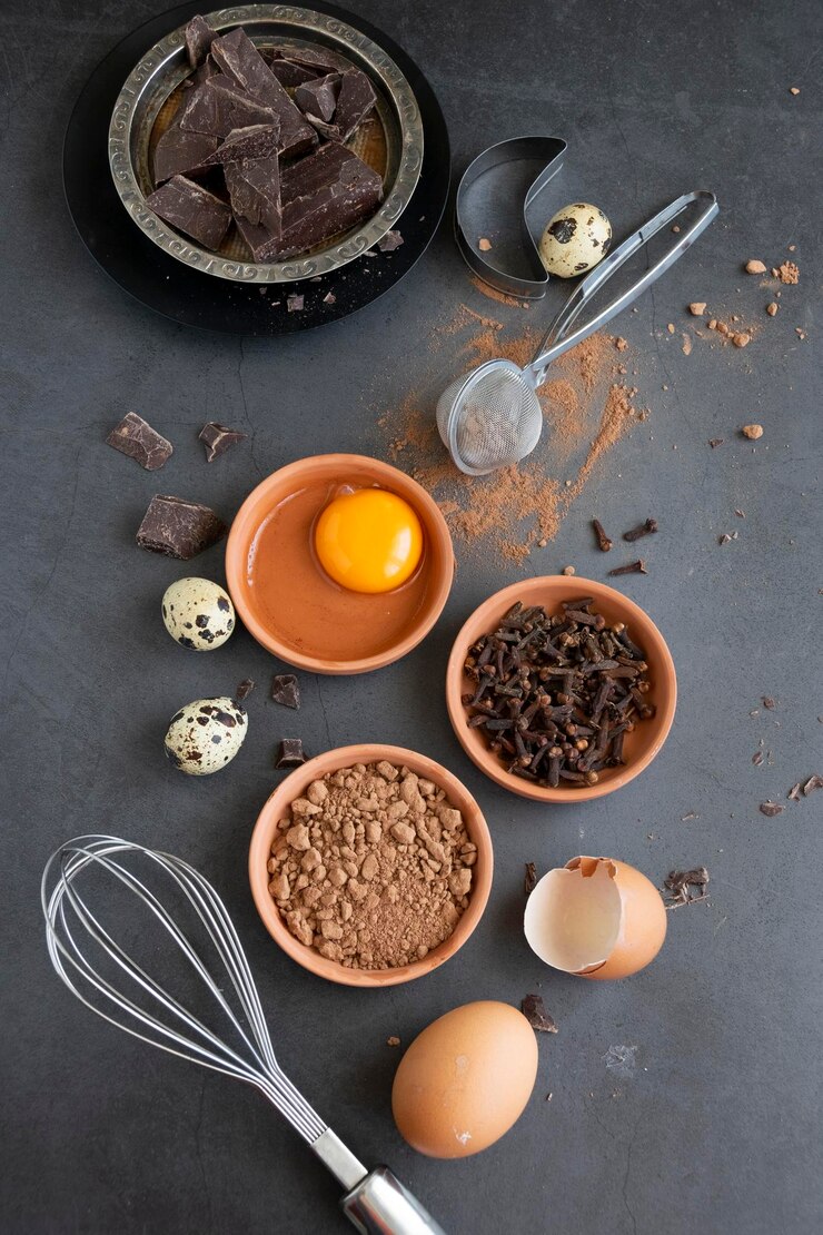 Foto mistura de ingredientes de sobremesa de cozimento em fundo escuro culinário plano