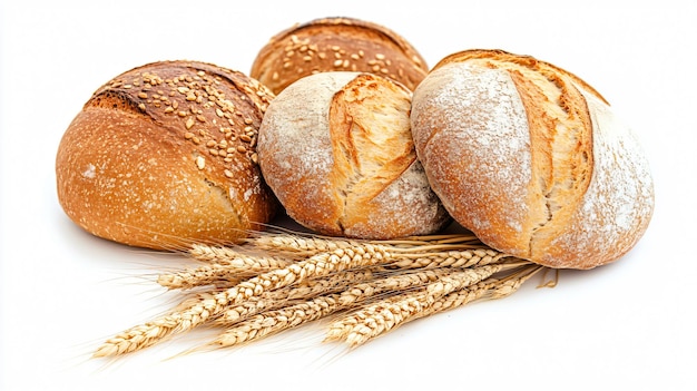 Mistura de pão fresco assado com espigas de trigo isoladas em fundo branco