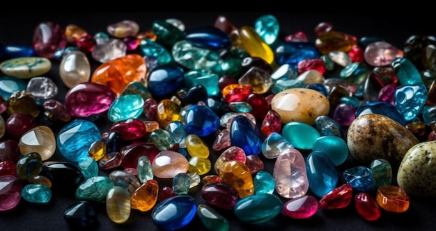 Mistura de pedras preciosas coloridas de diferentes formas e cores de pedras preciosas