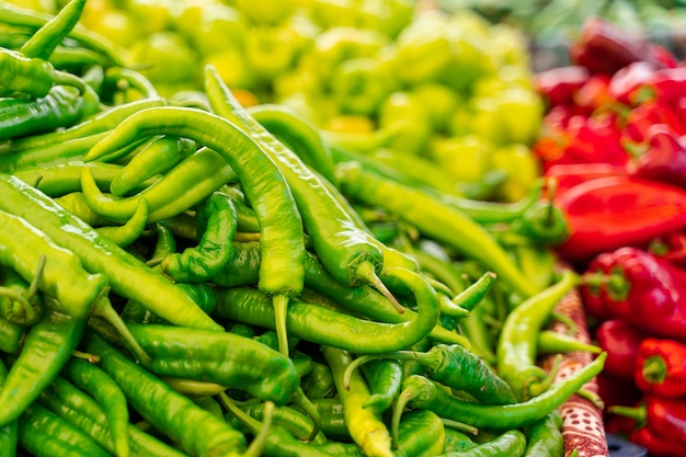 Mistura de pimenta, pimentão, variedade de cores capi no mercado de vegetais.