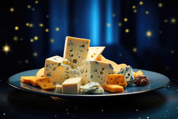 mistura de queijos azuis em um prato sobre fundo azul escuro