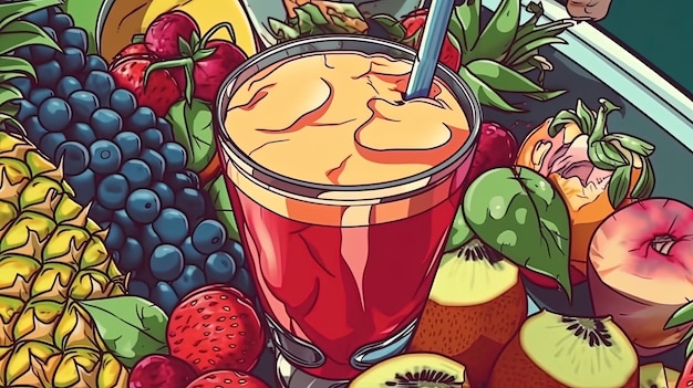 Mistura de smoothies de frutas frescas Conceito de fantasia Ilustração pintura