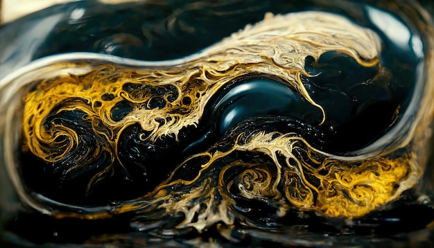 Mistura de tintas pretas e douradas Tinta de arte abstrata cores brilhantes abstracionismo fluido líquido manchas esquema de cores onda ondas padrão de mármore 3D arte raster fundo para publicidade