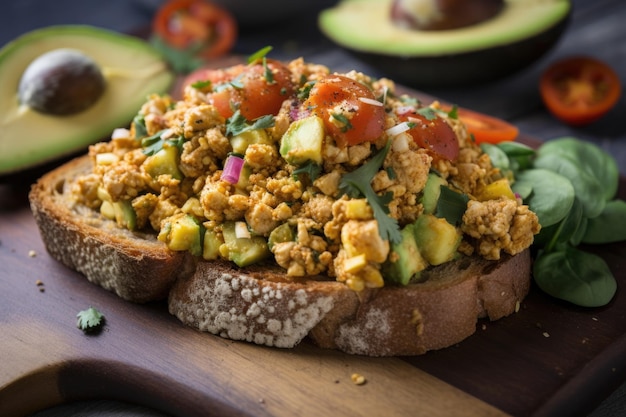 Mistura de tofu com mistura de vegetais e abacate em torrada criada com IA generativa