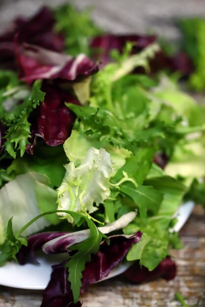 Mistura fresca de saladas em um prato. Conceito de comida saudável. Comida de dieta.