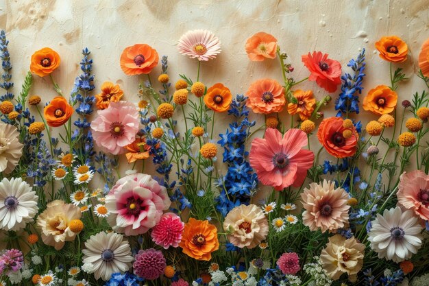 Foto mistura harmoniosa de flores silvestres em um fundo creme