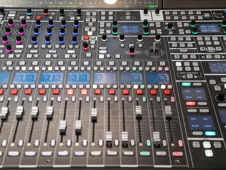 Foto misturador de áudio de deslizadores e botões em um console com tomadas de áudio conectadas