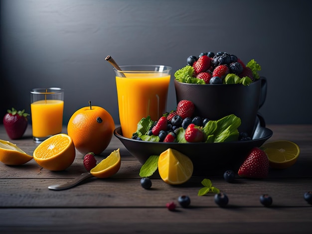 Misturador de suco de laranja de frutas e bagas em um fundo de madeira ai generativo