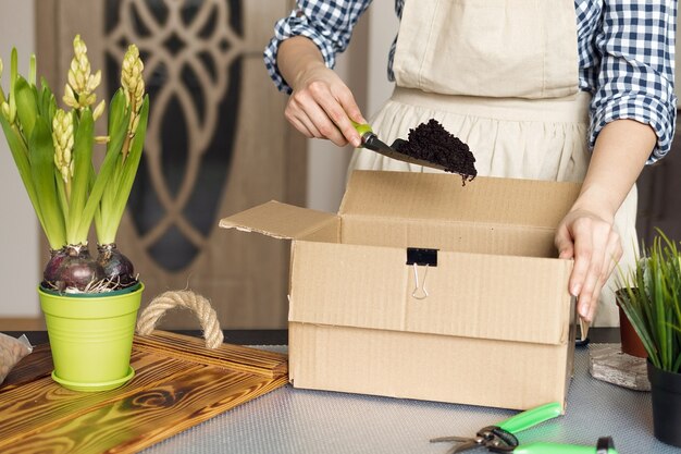 Misturando solo para o plantio de plantas de interior, a menina se dedica à jardinagem no apartamento