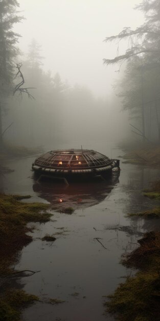 Misty Forest, ein filmischer Standbild eines leeren Hovercraft im dystopischen Stil