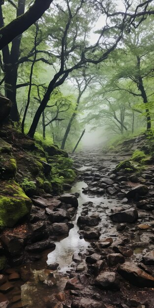 Foto misty green trees un viaje a la naturaleza en el minimalismo japonés