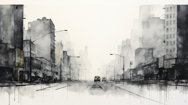 Misty Mountains Abandoned 7th Av City Street Dibujo de lavado de tinta